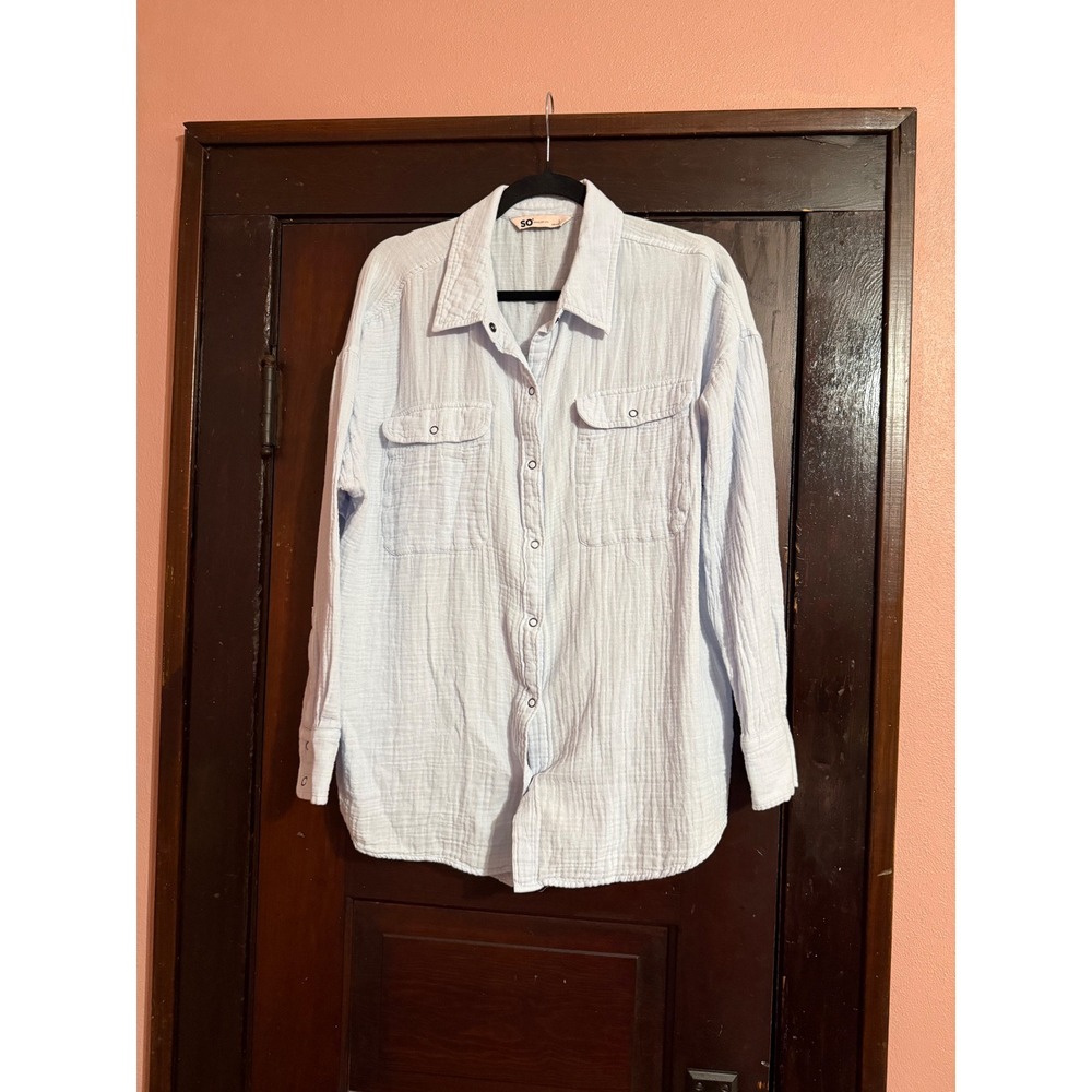 SO Goods For Life Light Blue Cotton Gauze Snap Front Shirt Large Long Sleeve